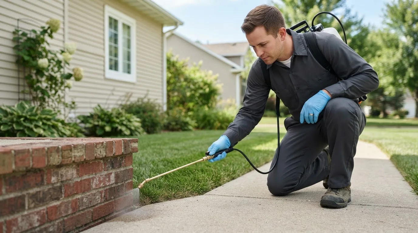 Pest control technician treating a home near Sugar City, ID